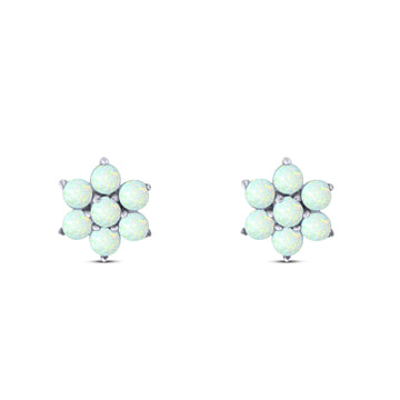 Art Deco Round Flower Design Stud Earring Created White Opal Solid 925 Sterling Silver (6.3mm)